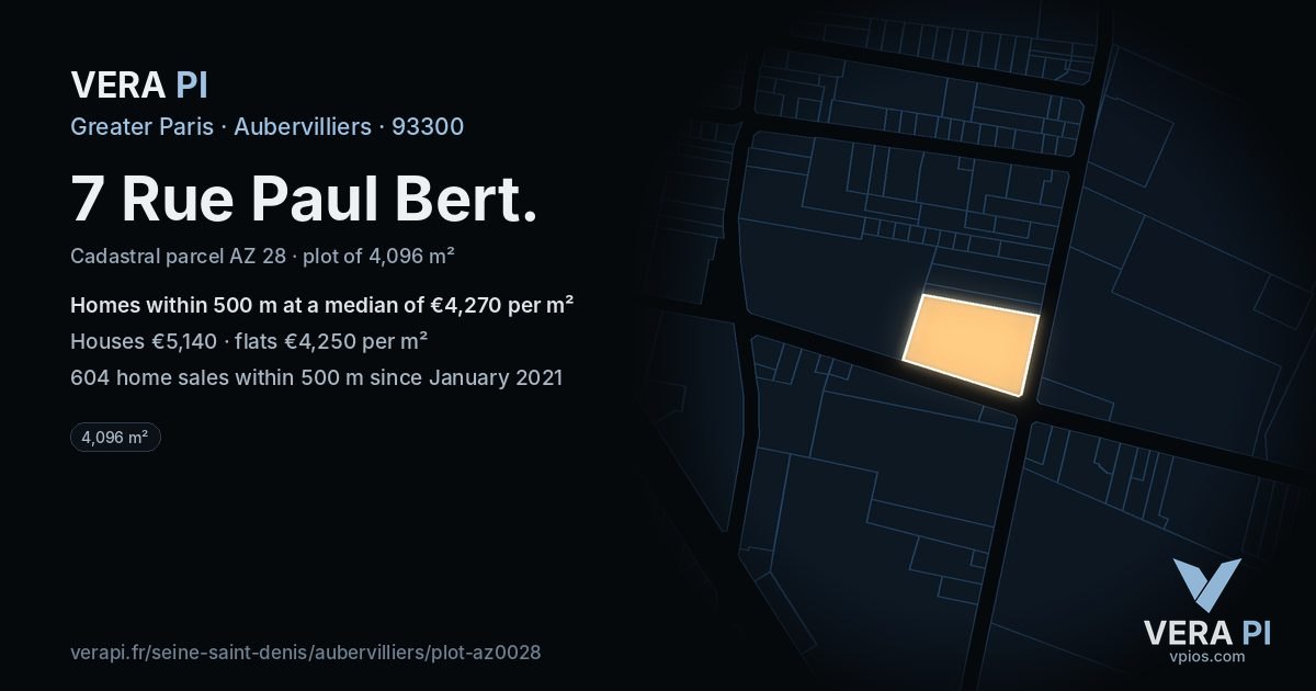 7 Rue Paul Bert, Aubervilliers at night – the plot lit, the parcels around coloured by the prices near them