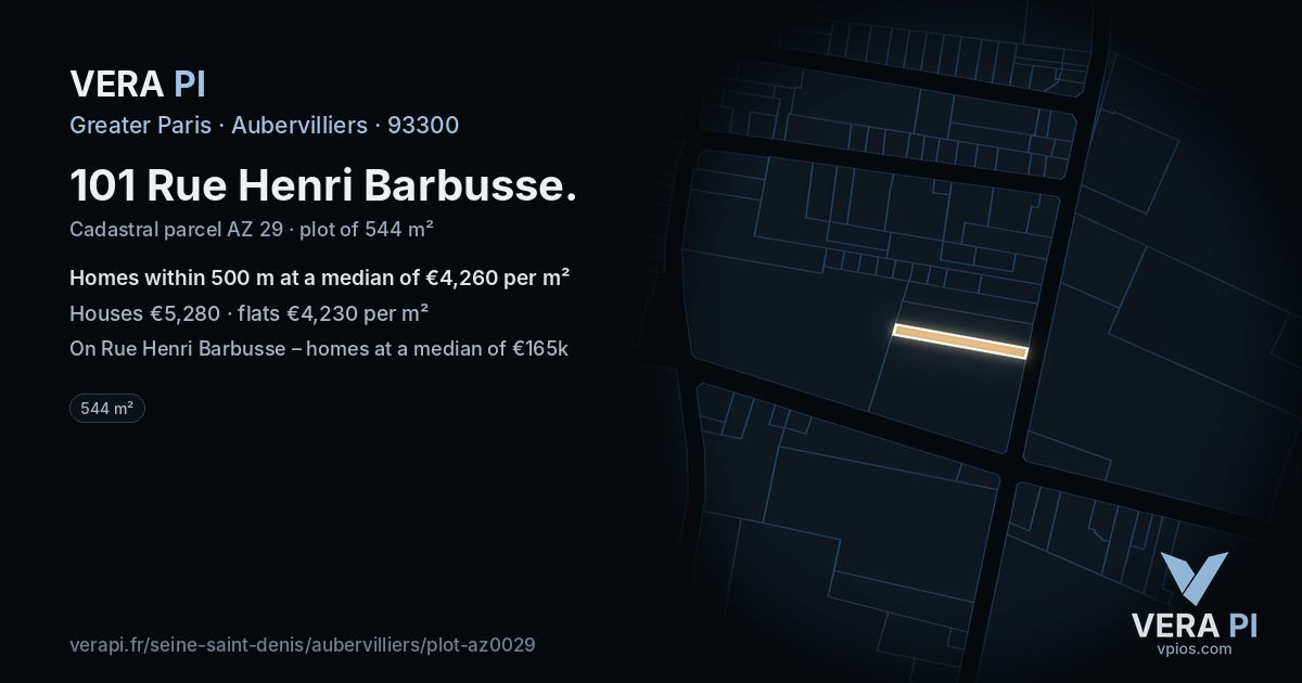 101 Rue Henri Barbusse, Aubervilliers at night – the plot lit, the parcels around coloured by the prices near them