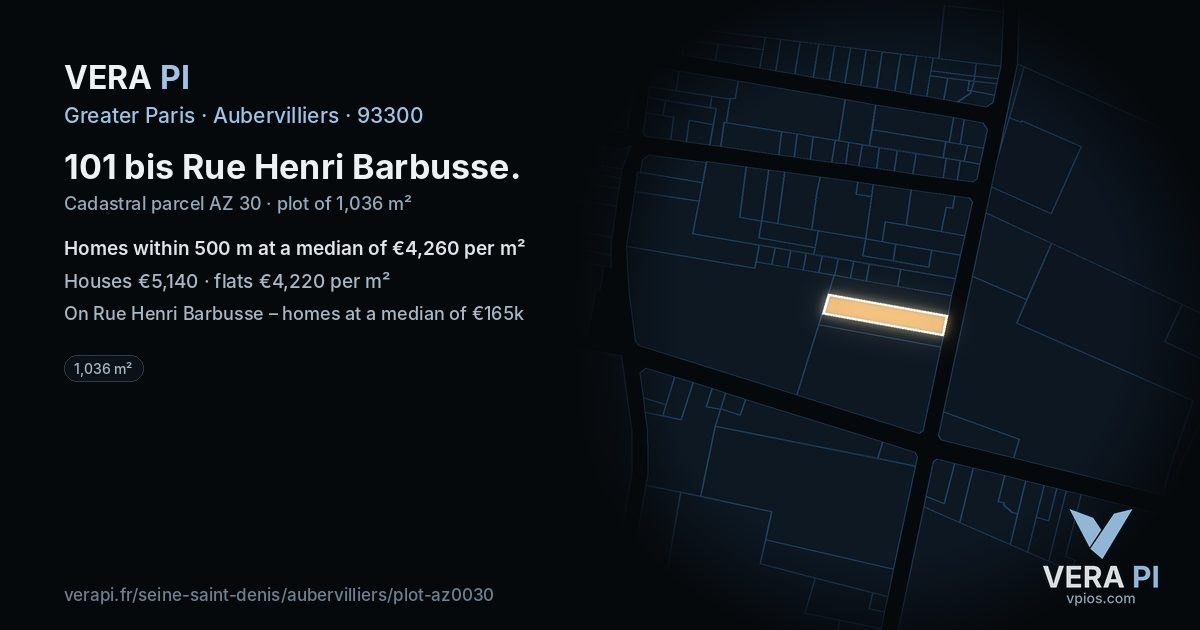 101 bis Rue Henri Barbusse, Aubervilliers at night – the plot lit, the parcels around coloured by the prices near them