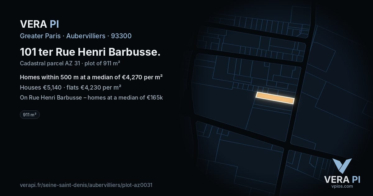101 ter Rue Henri Barbusse, Aubervilliers at night – the plot lit, the parcels around coloured by the prices near them