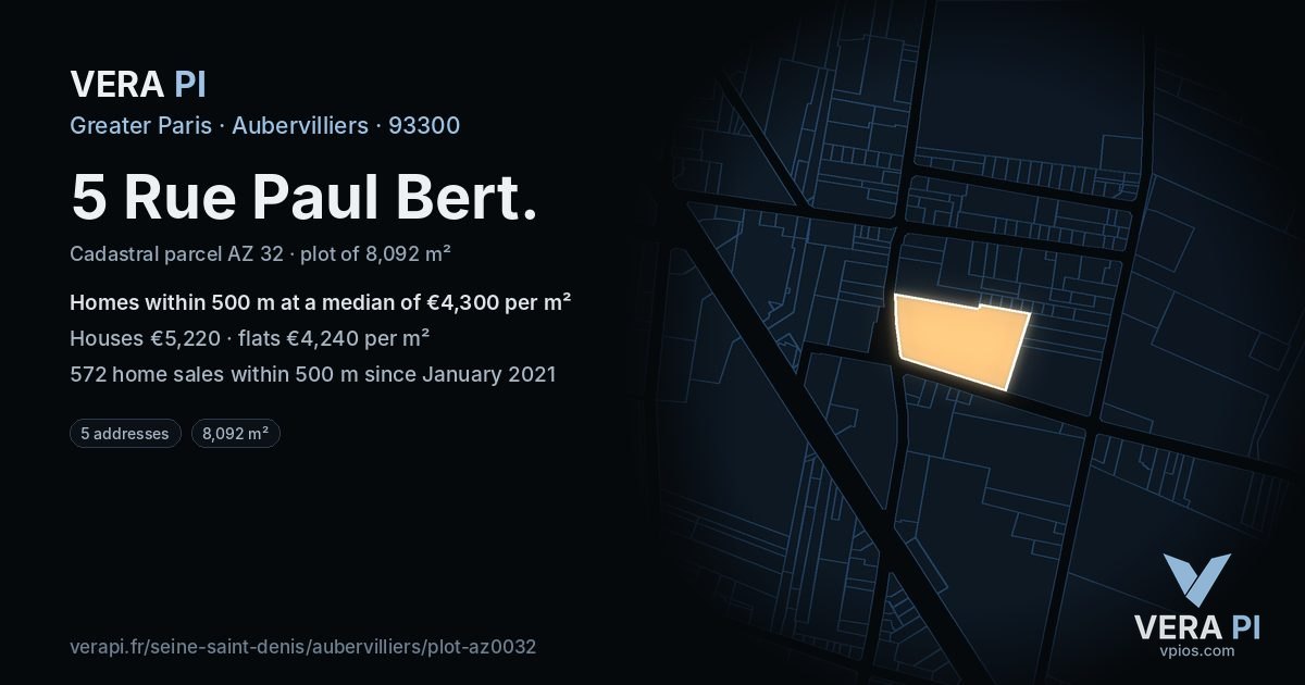 5 Rue Paul Bert, Aubervilliers at night – the plot lit, the parcels around coloured by the prices near them