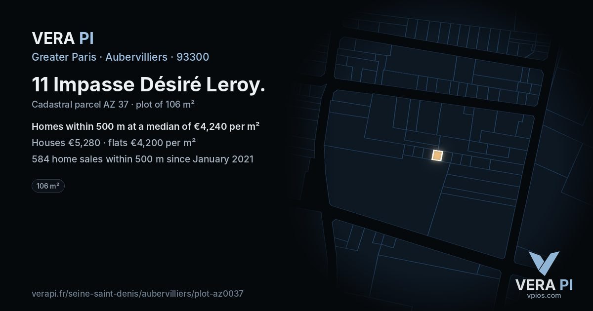 11 Impasse Désiré Leroy, Aubervilliers at night – the plot lit, the parcels around coloured by the prices near them