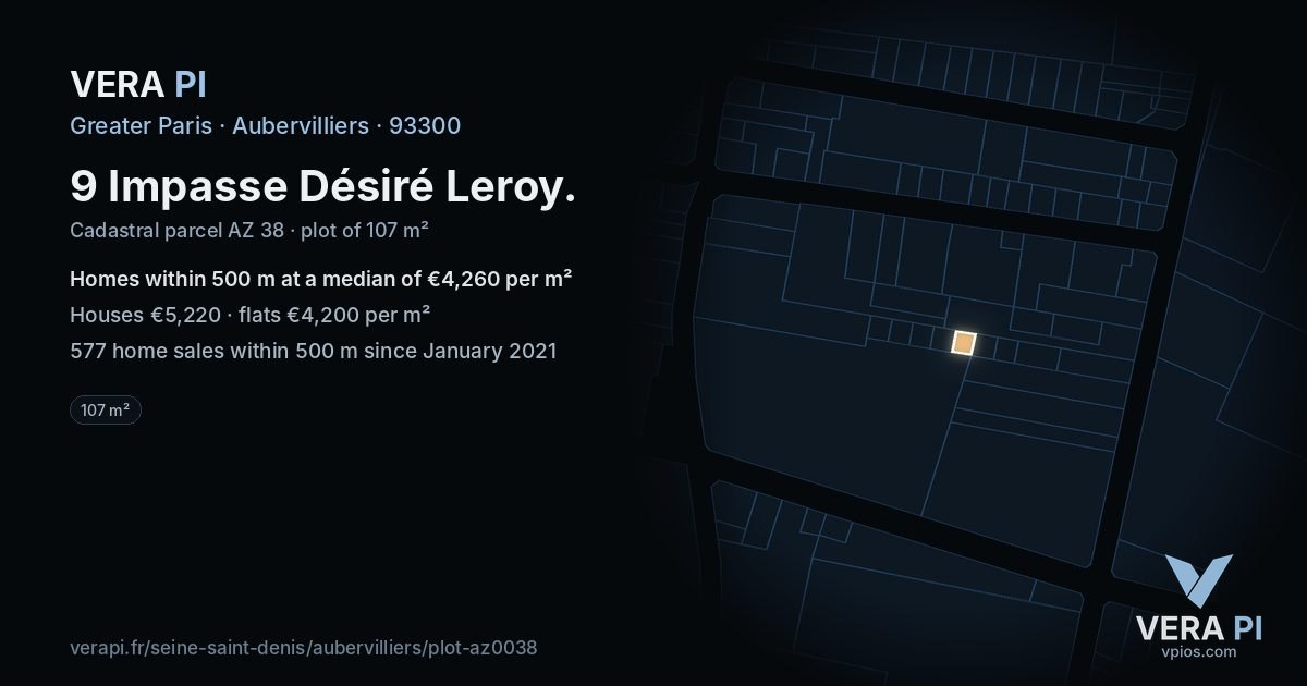 9 Impasse Désiré Leroy, Aubervilliers at night – the plot lit, the parcels around coloured by the prices near them