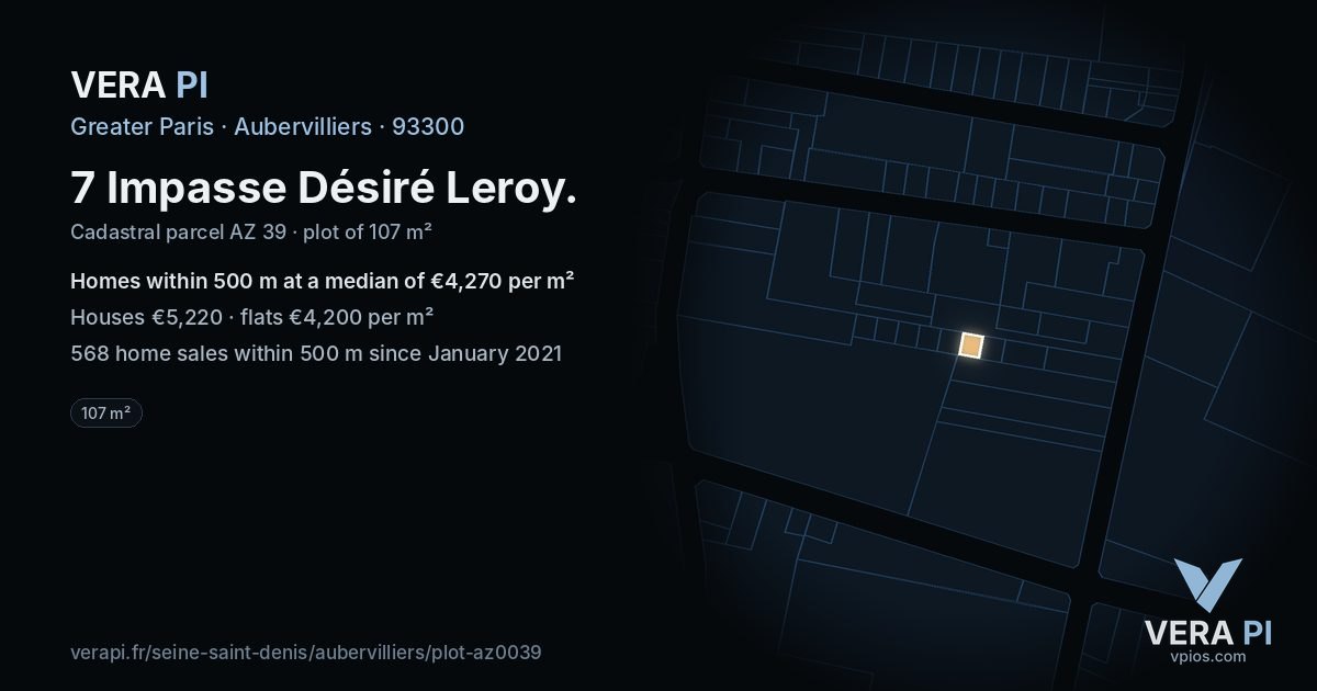 7 Impasse Désiré Leroy, Aubervilliers at night – the plot lit, the parcels around coloured by the prices near them