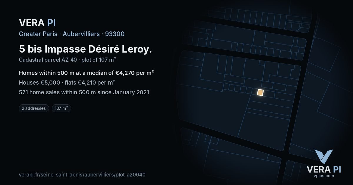 5 bis Impasse Désiré Leroy, Aubervilliers at night – the plot lit, the parcels around coloured by the prices near them