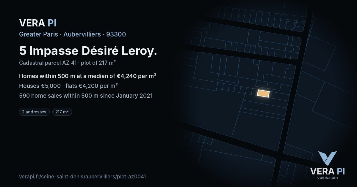 5 Impasse Désiré Leroy, Aubervilliers at night – the plot lit, the parcels around coloured by the prices near them