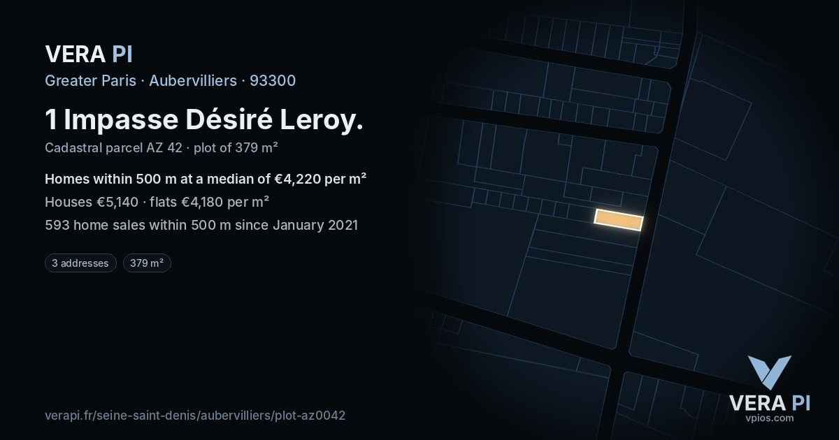 1 Impasse Désiré Leroy, Aubervilliers at night – the plot lit, the parcels around coloured by the prices near them