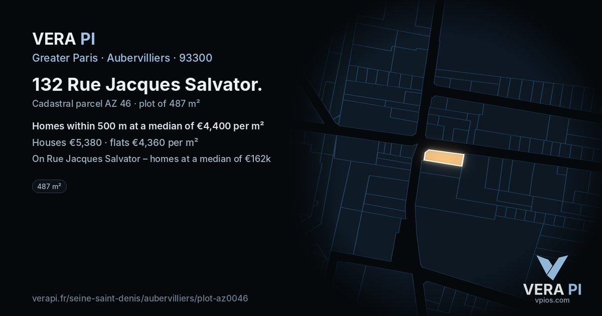 132 Rue Jacques Salvator, Aubervilliers at night – the plot lit, the parcels around coloured by the prices near them