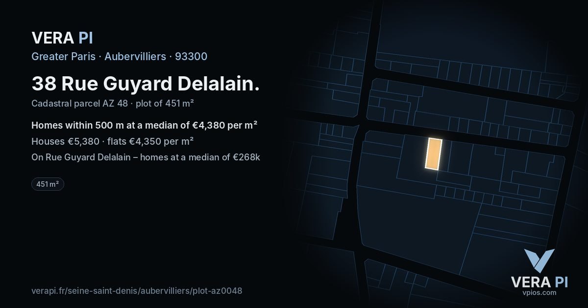 38 Rue Guyard Delalain, Aubervilliers at night – the plot lit, the parcels around coloured by the prices near them