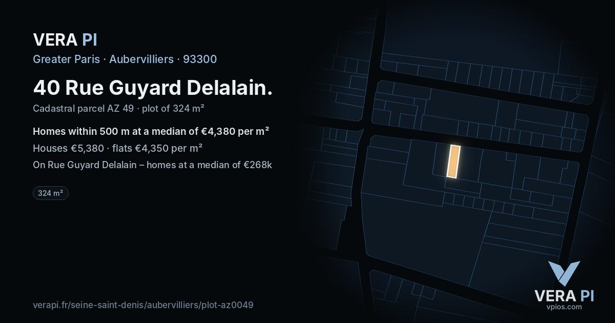 40 Rue Guyard Delalain, Aubervilliers at night – the plot lit, the parcels around coloured by the prices near them