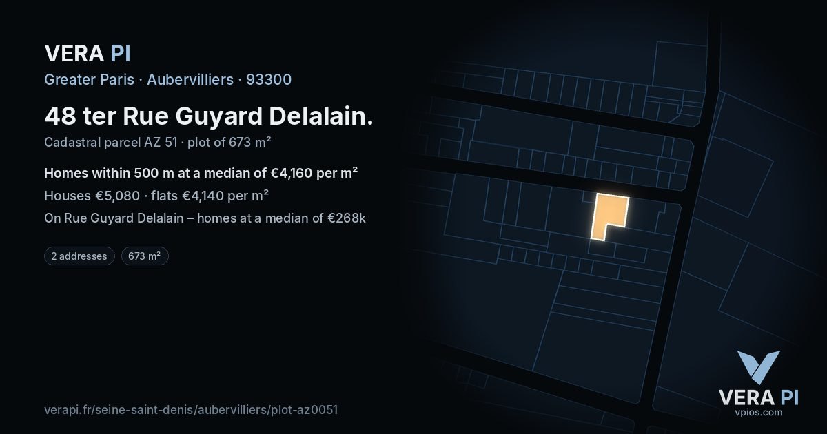 48 ter Rue Guyard Delalain, Aubervilliers at night – the plot lit, the parcels around coloured by the prices near them