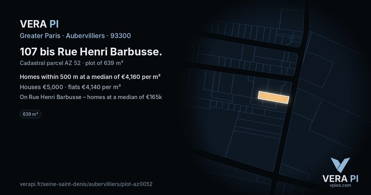107 bis Rue Henri Barbusse, Aubervilliers at night – the plot lit, the parcels around coloured by the prices near them