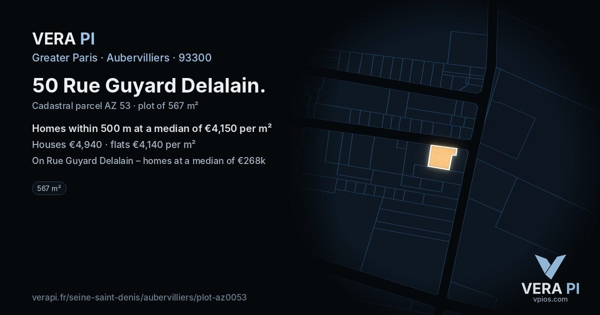 50 Rue Guyard Delalain, Aubervilliers at night – the plot lit, the parcels around coloured by the prices near them