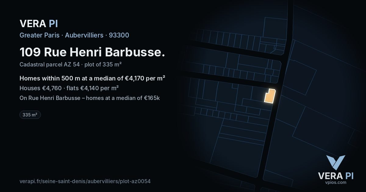 109 Rue Henri Barbusse, Aubervilliers at night – the plot lit, the parcels around coloured by the prices near them
