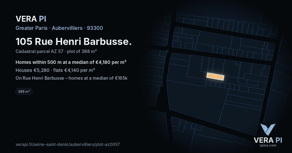 105 Rue Henri Barbusse, Aubervilliers at night – the plot lit, the parcels around coloured by the prices near them