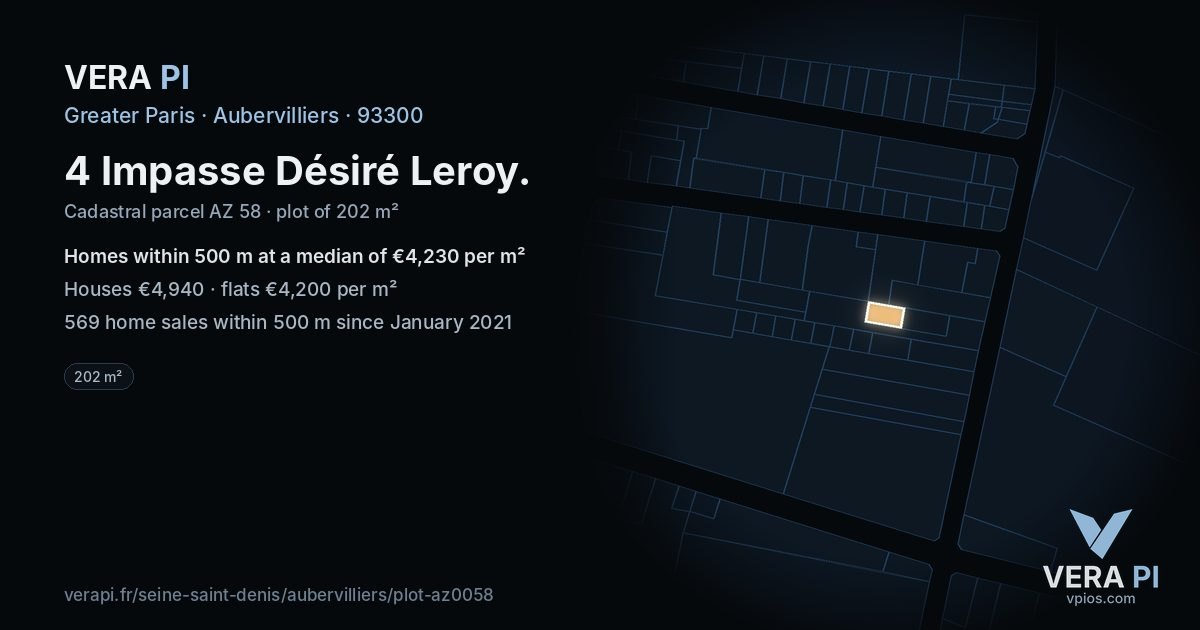 4 Impasse Désiré Leroy, Aubervilliers at night – the plot lit, the parcels around coloured by the prices near them