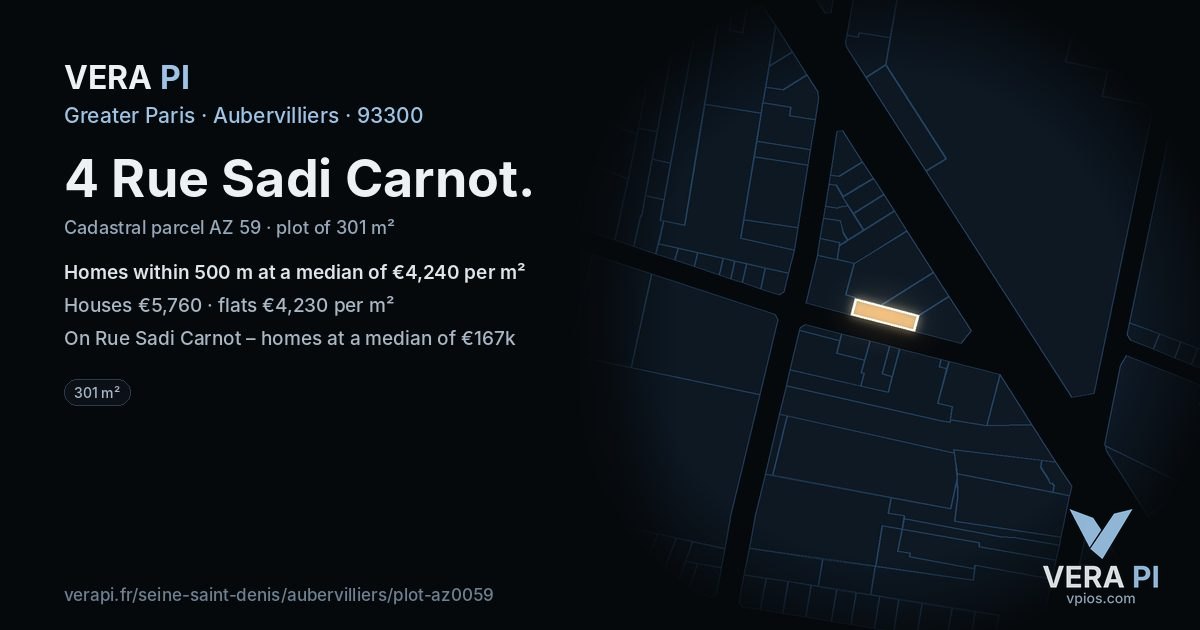 4 Rue Sadi Carnot, Aubervilliers at night – the plot lit, the parcels around coloured by the prices near them