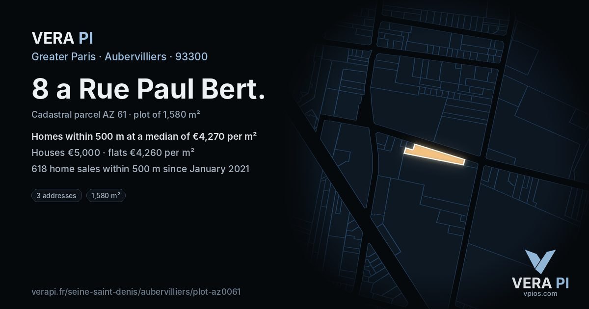 8 a Rue Paul Bert, Aubervilliers at night – the plot lit, the parcels around coloured by the prices near them
