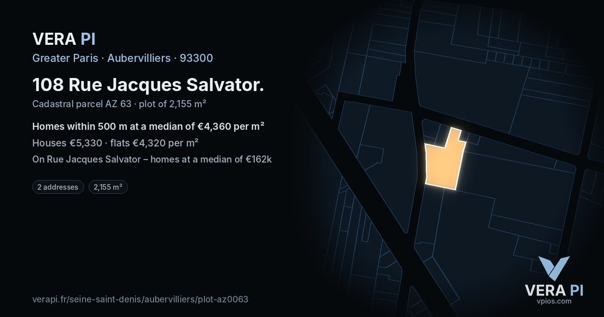 108 Rue Jacques Salvator, Aubervilliers at night – the plot lit, the parcels around coloured by the prices near them