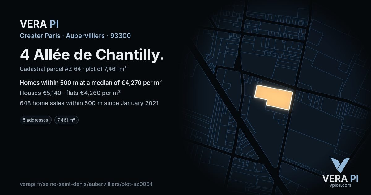 4 Allée de Chantilly, Aubervilliers at night – the plot lit, the parcels around coloured by the prices near them