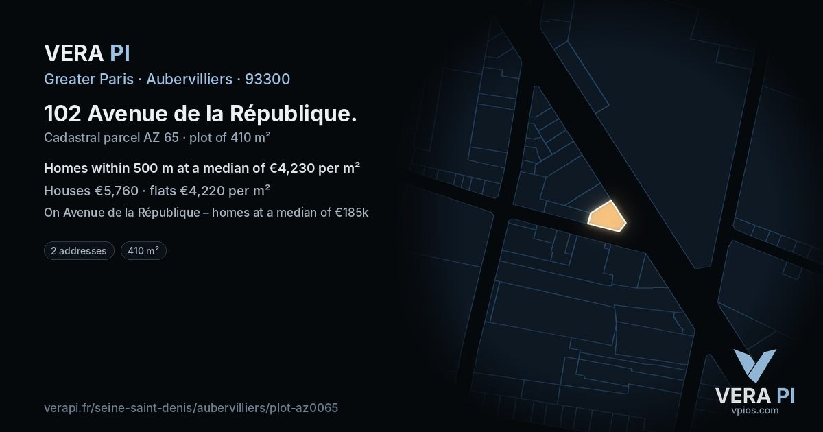 102 Avenue de la République, Aubervilliers at night – the plot lit, the parcels around coloured by the prices near them