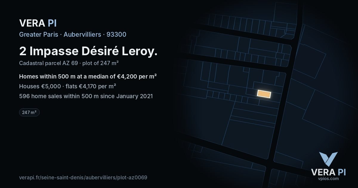 2 Impasse Désiré Leroy, Aubervilliers at night – the plot lit, the parcels around coloured by the prices near them