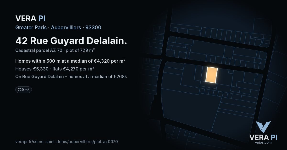 42 Rue Guyard Delalain, Aubervilliers at night – the plot lit, the parcels around coloured by the prices near them