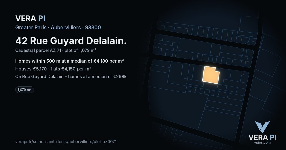 42 Rue Guyard Delalain, Aubervilliers at night – the plot lit, the parcels around coloured by the prices near them