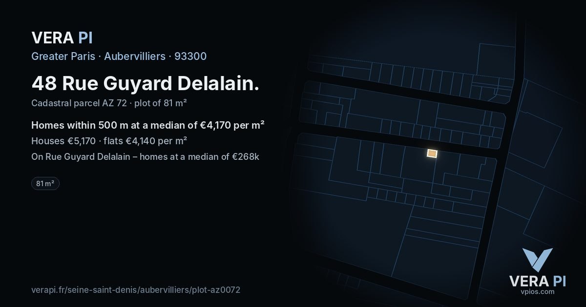 48 Rue Guyard Delalain, Aubervilliers at night – the plot lit, the parcels around coloured by the prices near them