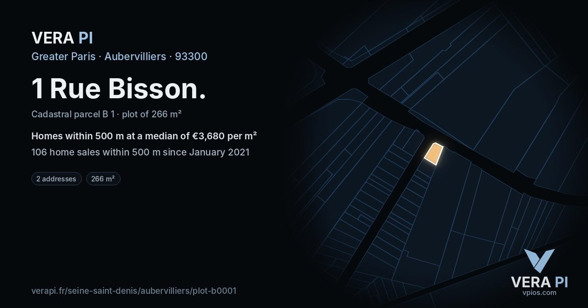 1 Rue Bisson, Aubervilliers at night – the plot lit, the parcels around coloured by the prices near them