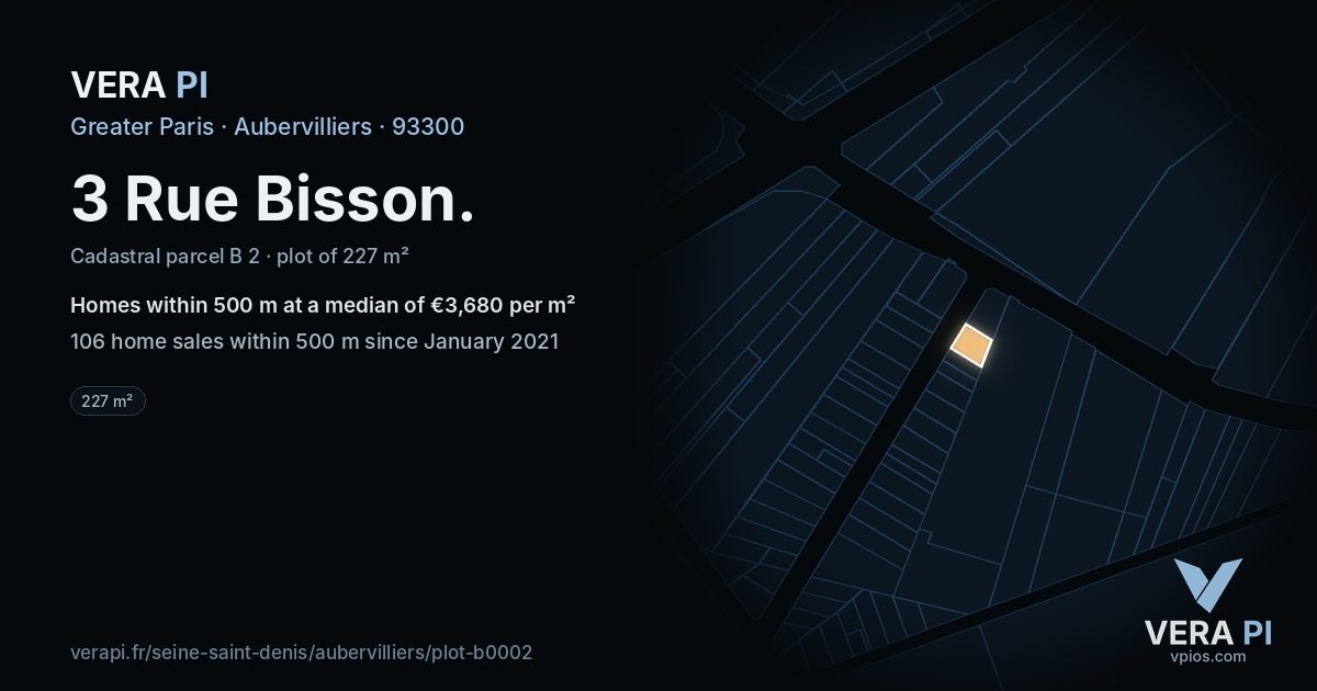 3 Rue Bisson, Aubervilliers at night – the plot lit, the parcels around coloured by the prices near them