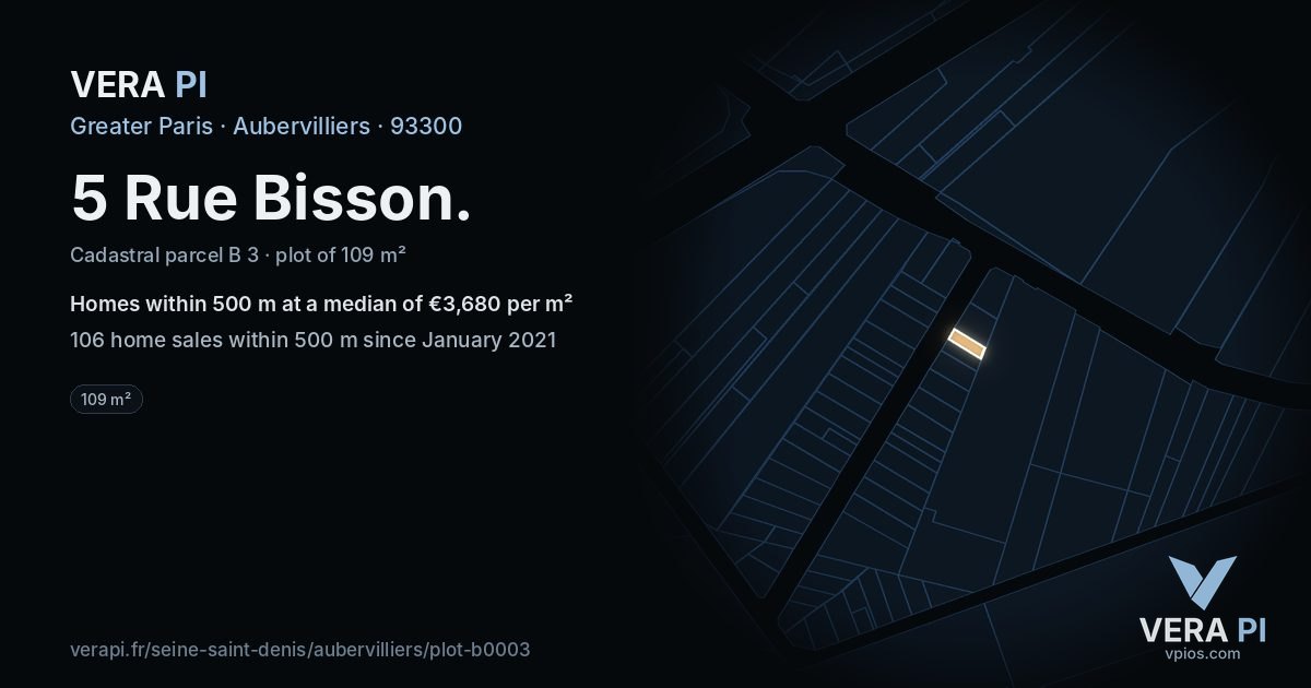 5 Rue Bisson, Aubervilliers at night – the plot lit, the parcels around coloured by the prices near them
