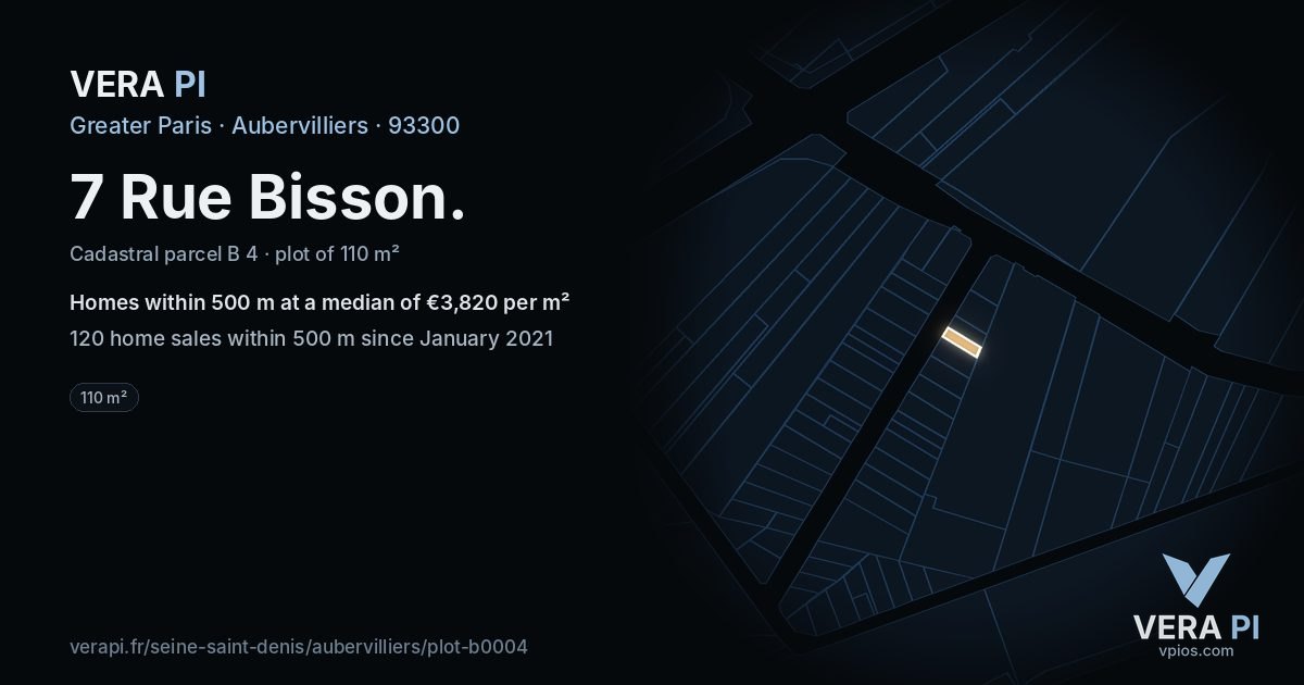 7 Rue Bisson, Aubervilliers at night – the plot lit, the parcels around coloured by the prices near them
