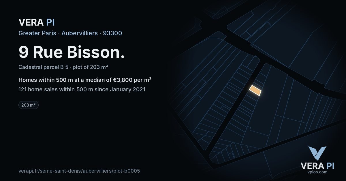 9 Rue Bisson, Aubervilliers at night – the plot lit, the parcels around coloured by the prices near them