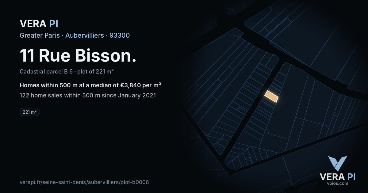 11 Rue Bisson, Aubervilliers at night – the plot lit, the parcels around coloured by the prices near them