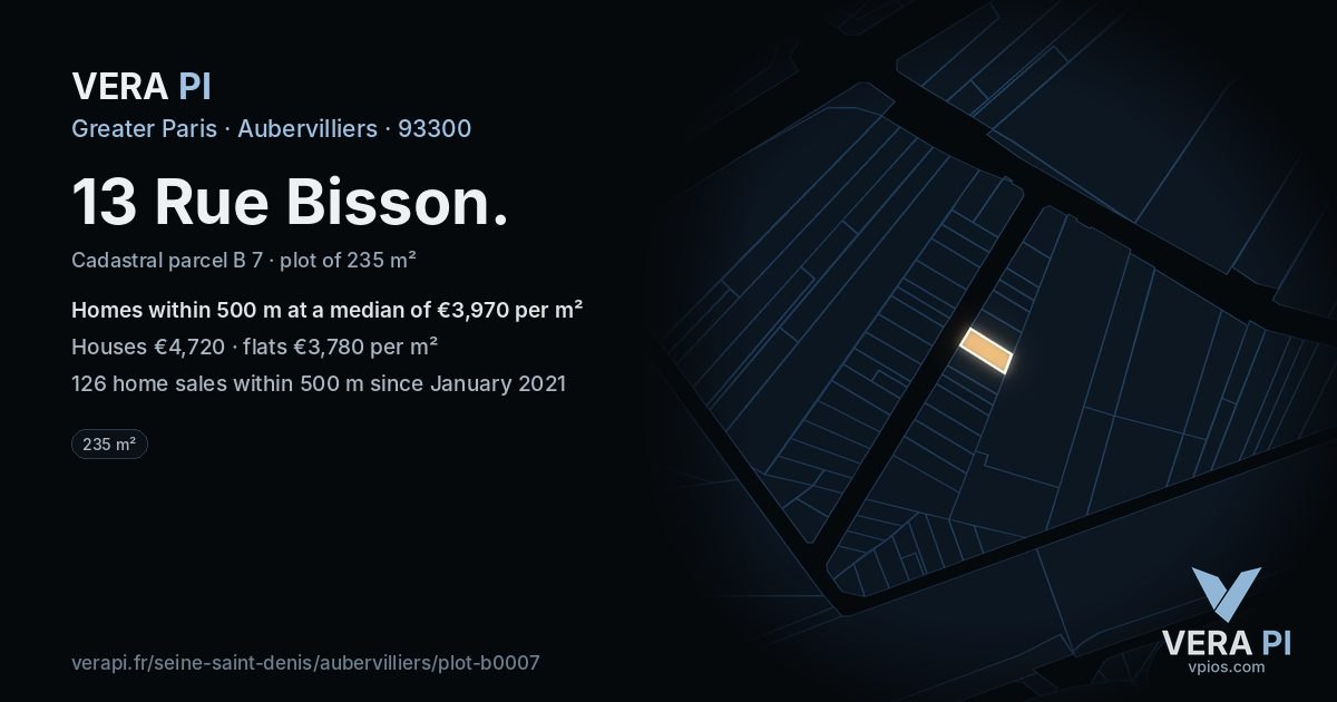 13 Rue Bisson, Aubervilliers at night – the plot lit, the parcels around coloured by the prices near them