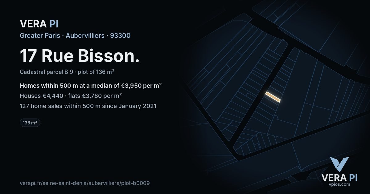 17 Rue Bisson, Aubervilliers at night – the plot lit, the parcels around coloured by the prices near them