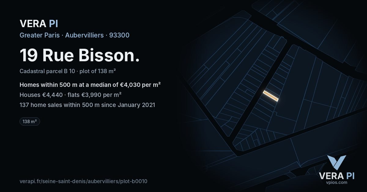 19 Rue Bisson, Aubervilliers at night – the plot lit, the parcels around coloured by the prices near them