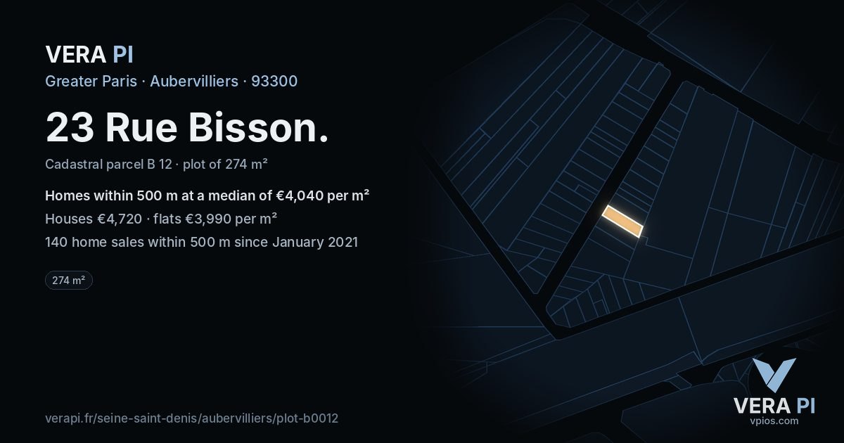 23 Rue Bisson, Aubervilliers at night – the plot lit, the parcels around coloured by the prices near them
