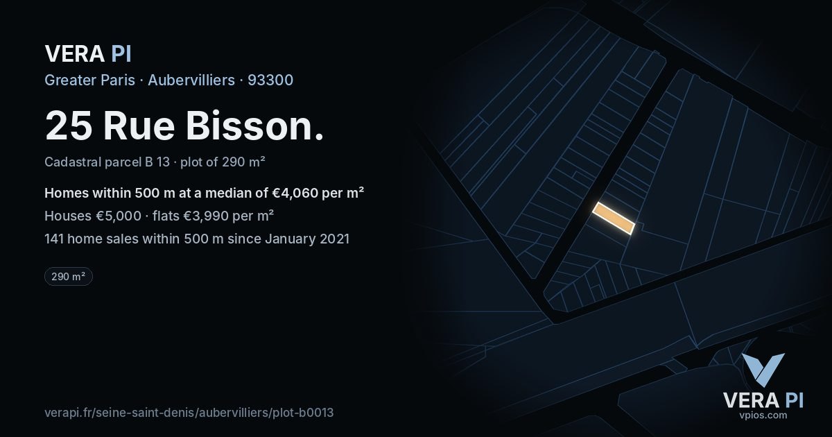 25 Rue Bisson, Aubervilliers at night – the plot lit, the parcels around coloured by the prices near them