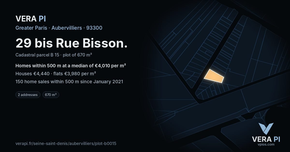 29 bis Rue Bisson, Aubervilliers at night – the plot lit, the parcels around coloured by the prices near them