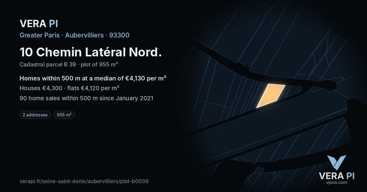 10 Chemin Latéral Nord, Aubervilliers at night – the plot lit, the parcels around coloured by the prices near them