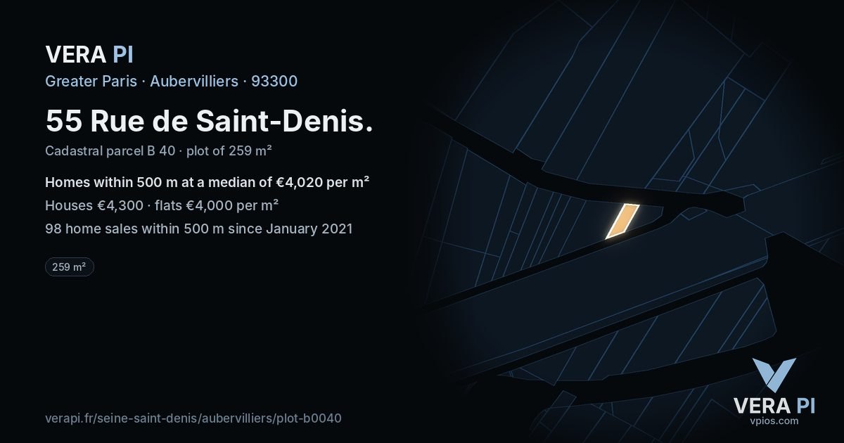 55 Rue de Saint-Denis, Aubervilliers at night – the plot lit, the parcels around coloured by the prices near them