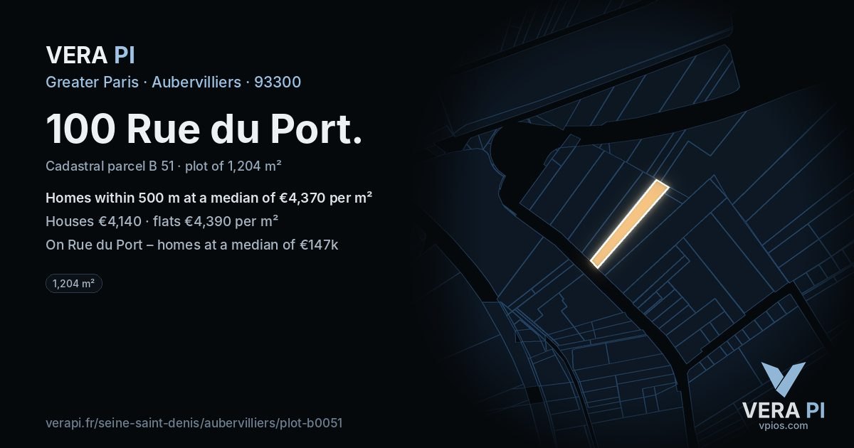 100 Rue du Port, Aubervilliers at night – the plot lit, the parcels around coloured by the prices near them