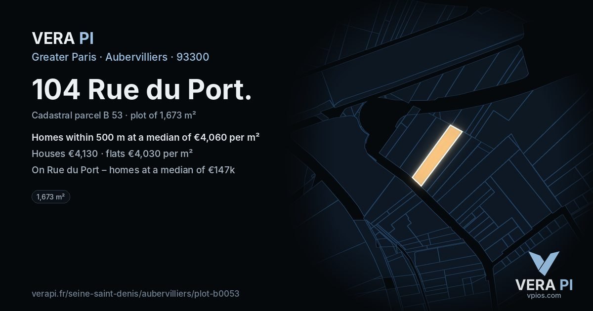 104 Rue du Port, Aubervilliers at night – the plot lit, the parcels around coloured by the prices near them