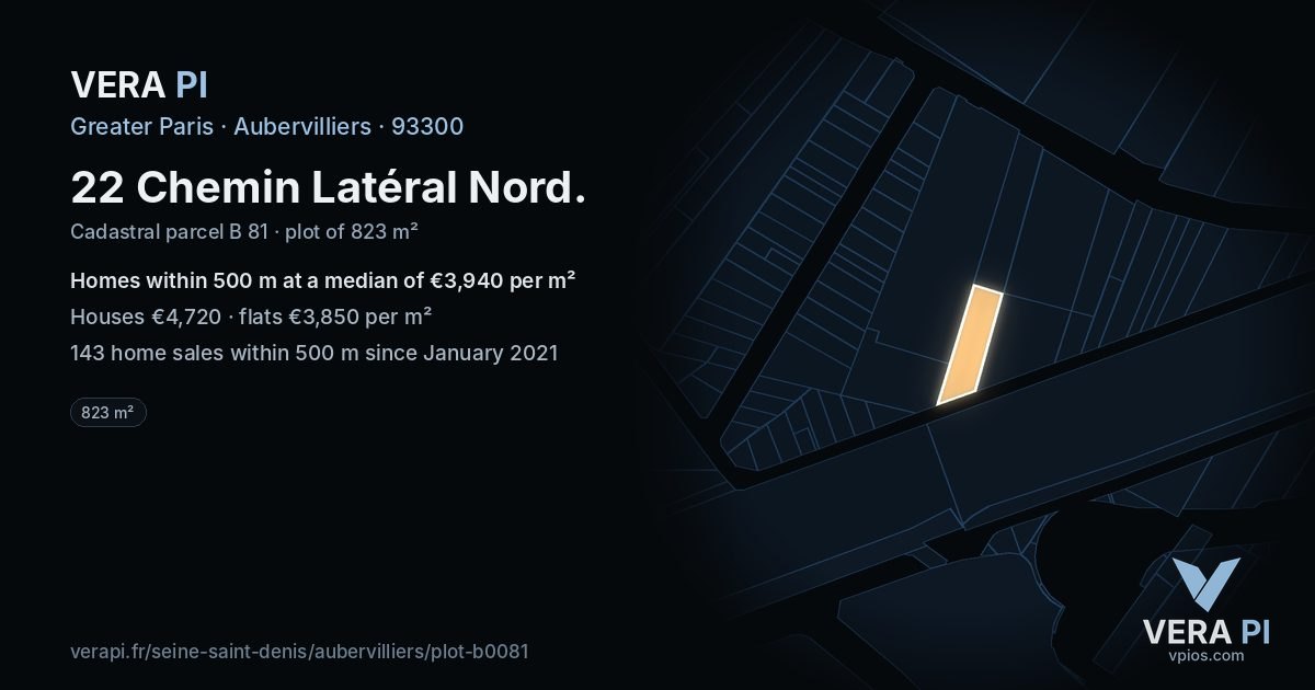 22 Chemin Latéral Nord, Aubervilliers at night – the plot lit, the parcels around coloured by the prices near them