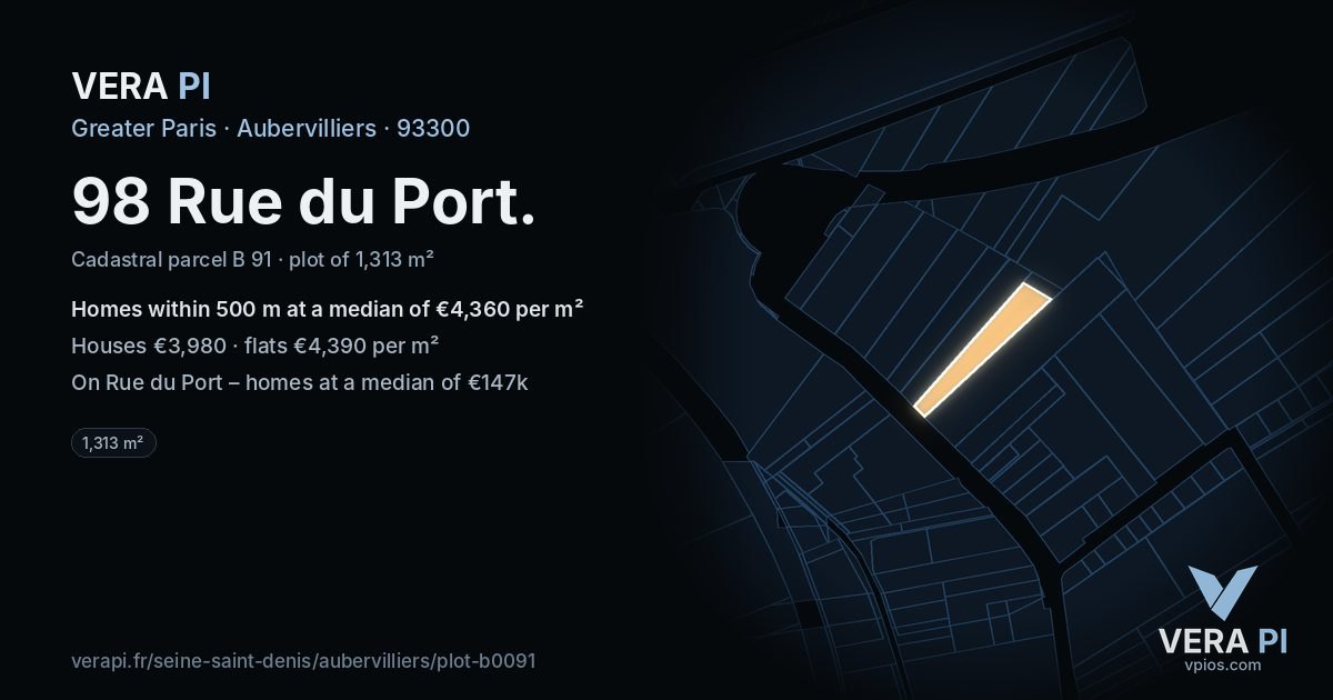 98 Rue du Port, Aubervilliers at night – the plot lit, the parcels around coloured by the prices near them