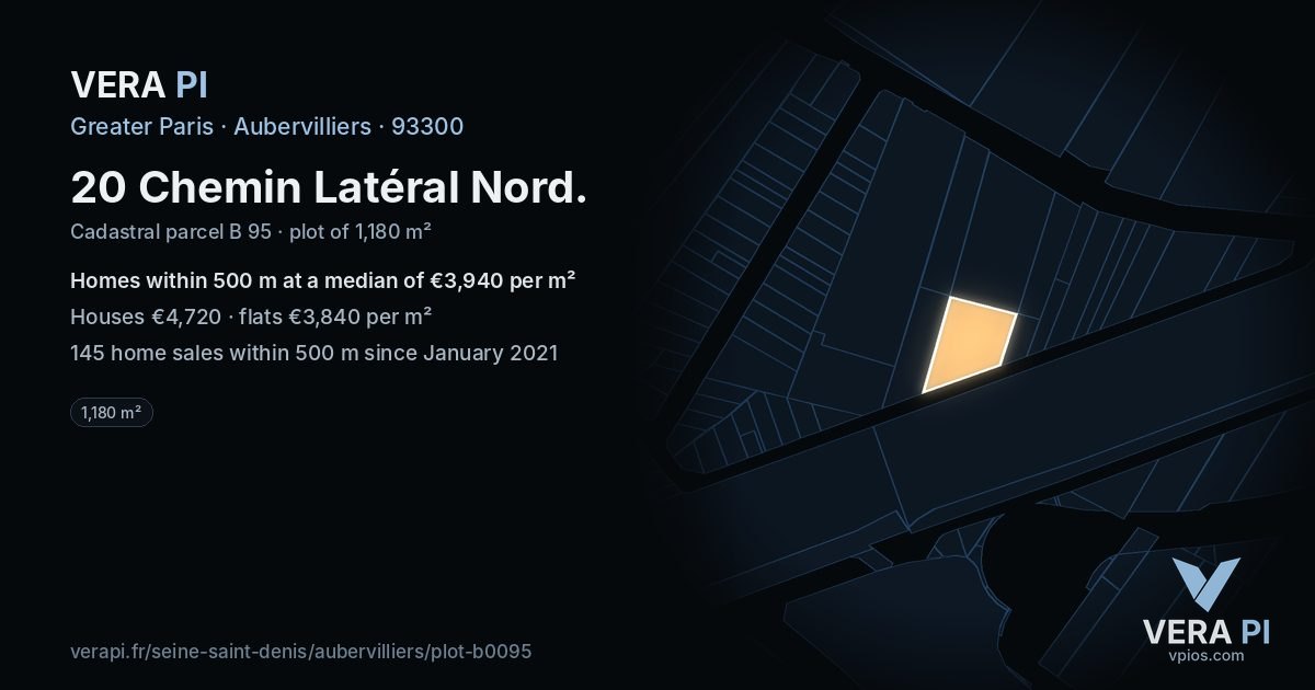 20 Chemin Latéral Nord, Aubervilliers at night – the plot lit, the parcels around coloured by the prices near them
