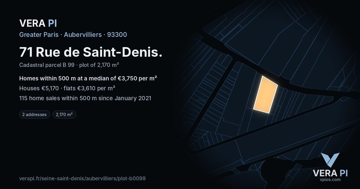 71 Rue de Saint-Denis, Aubervilliers at night – the plot lit, the parcels around coloured by the prices near them