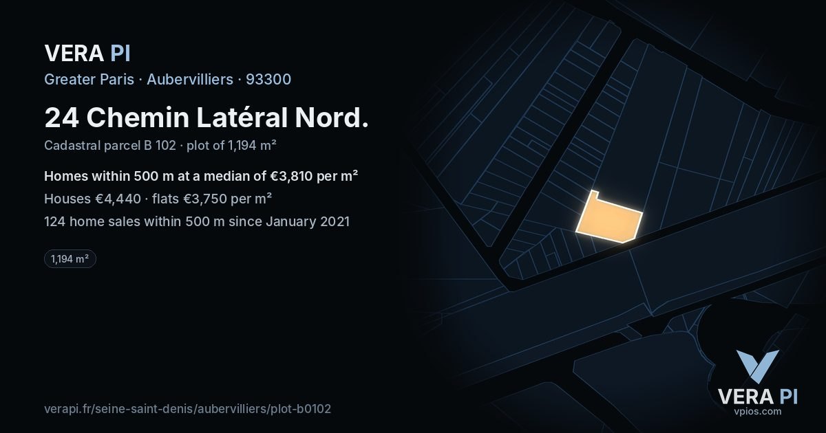 24 Chemin Latéral Nord, Aubervilliers at night – the plot lit, the parcels around coloured by the prices near them